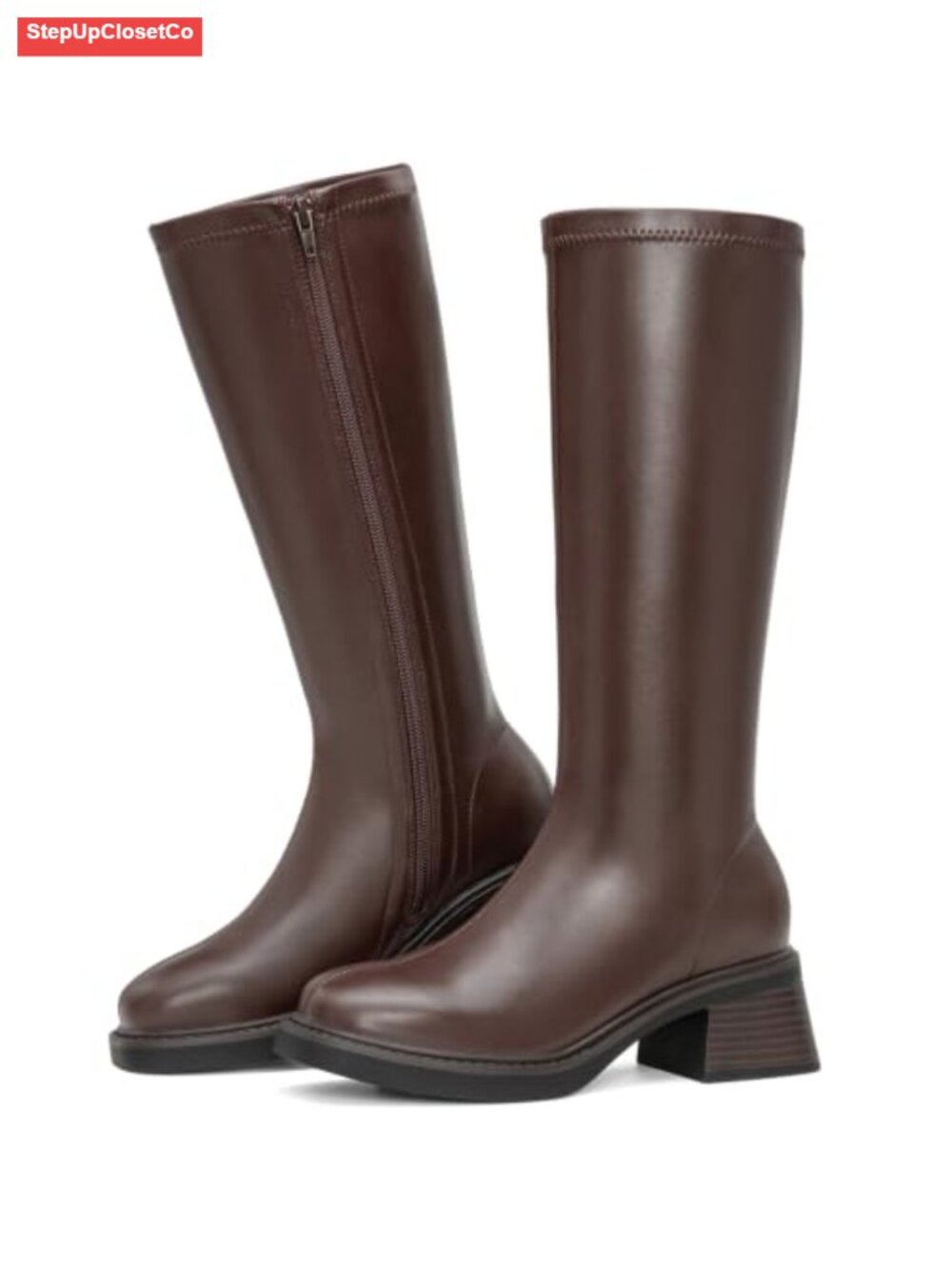 Women's Block Low Heel Knee High Boots Square Toe Riding Boots Faux Leather